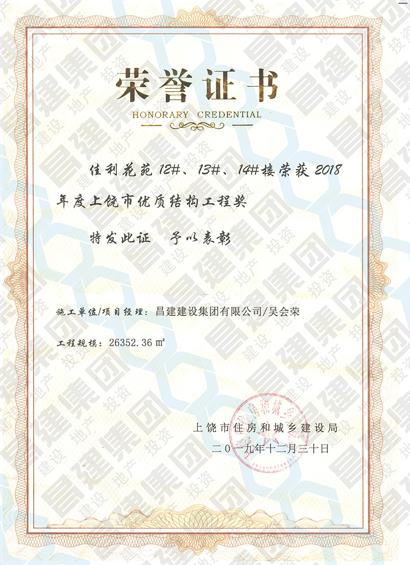 喜訊！昌建集團(tuán)佳利花苑12#、13#、14#樓獲評(píng)“2018年度上饒市優(yōu)質(zhì)結(jié)構(gòu)工程獎(jiǎng)”